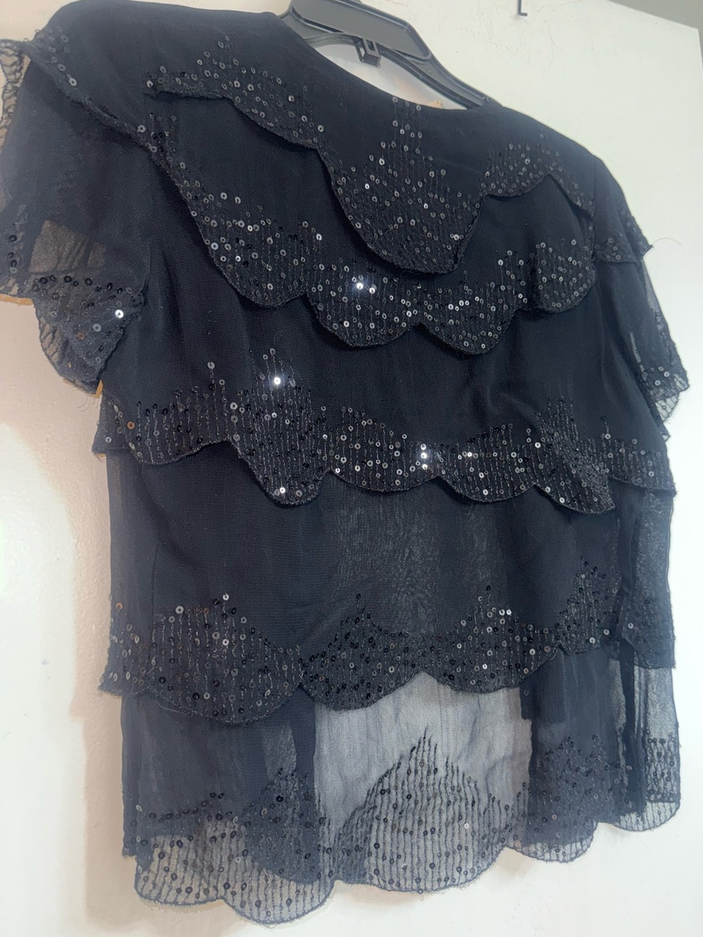 Black Sequin Layered Short Sleeve Top